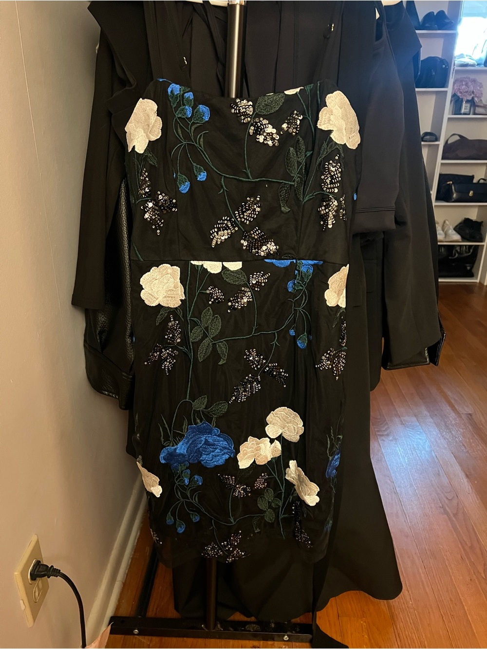Lulu's Black Strapless Dress with Blue and Cream Floral Embroidery
